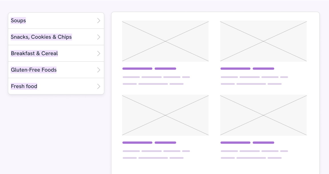 A UI that shows filters on the left and a grid of cards on the right.