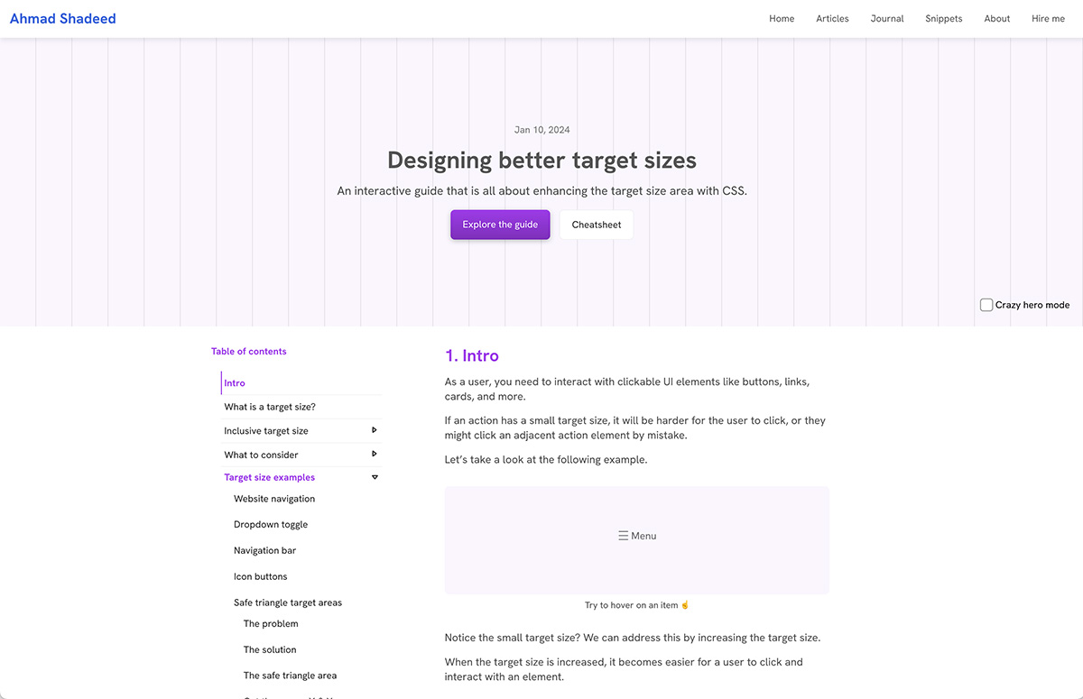 A screenshot of the target sizes interactive guide
